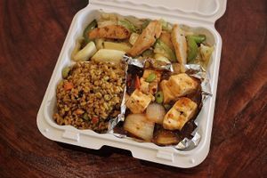 3 Item comb: Chick’n teriyaki, curry fried rice, spicy tofu at V.L.C Vegan Eatery in Orlando