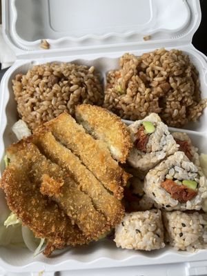 Combo meal with: Spicy Tu-na Roll, Eggplant Katsu, and Chick’n Fried Rice at V.L.C Vegan Eatery in Orlando