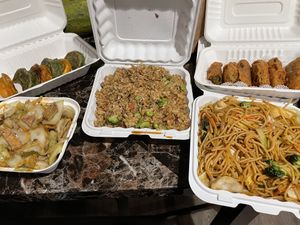 Dumplings, Teriyaki Chick’n, Chick’n Fried Rice, Fried Jalapeños, and Vegetable Stir-Fry Noodles at V.L.C Vegan Eatery in Orlando