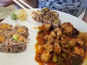 Tuna roll, chicken katsu, and spicy tofu at V.L.C Vegan Eatery in Orlando