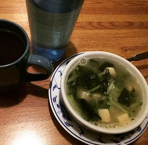 Miso soup and date tea! So good! at Amitabul in Chicago
