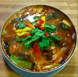 Dr-K all cure spicy noodle soup at Amitabul in Chicago