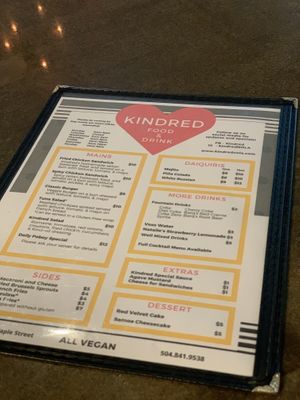 Menu  at Kindred in New Orleans