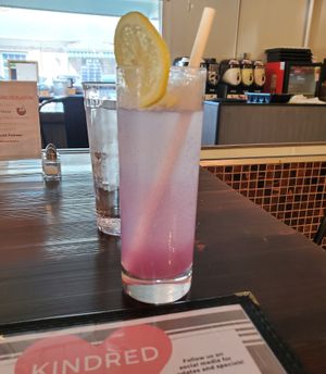 This magical mocktail is as delicious as it is beautiful. Lemon juice, soda, and lavender. at Kindred in New Orleans