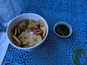 Plantain chips with mojo sauce. at The Pineapple Room in Kapaa