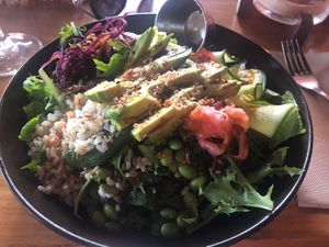 The Poke Bowl is back 😍 (brown rice, edamame, pickled ginger, spring onions, julienne carrots, dried shallots, ginger sesame soy dressing)  at 4 Pines in Newport