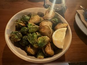 The menu changes frequently and always includes several vegan options. The roasted Brussels sprouts are a new addition to the menu.   at 4 Pines in Newport