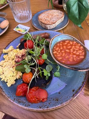 Vegan, healthy, big breakfast with us, tofu, scramble, vegan, sausages, and all the works plus sourdough toast at Cafe Nucleus in Rochester