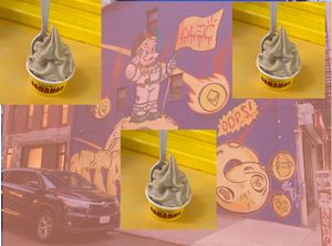 Banana-ice-cream cup (superimposed over funky mural across the street from venue) at Morgenstern's BANANAS in New York City