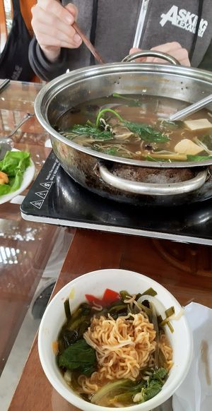 The vegan hot pot, we already put some stuff in here at Sao Khe Restaurant and Homestay in Ninh Xuan