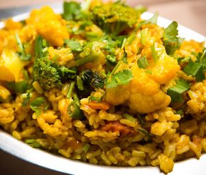 Organic vegan brown rice biryani at Arya Bhavan in Chicago