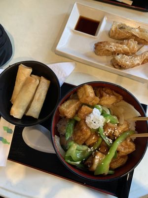 Sesame Tofu Don and Spring Rolls at Pompoko in Brighton
