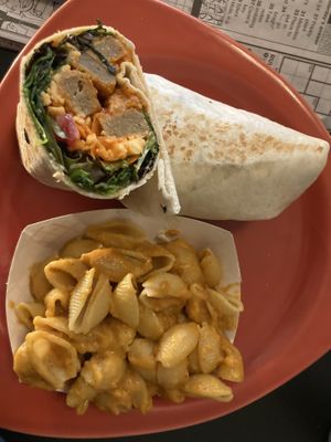 Buffalo seitan wrap w mac & cheese side  at Square One Cafe in Schenectady
