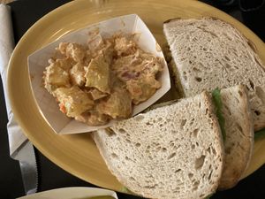 Chickpea sandwich w potato salad side at Square One Cafe in Schenectady