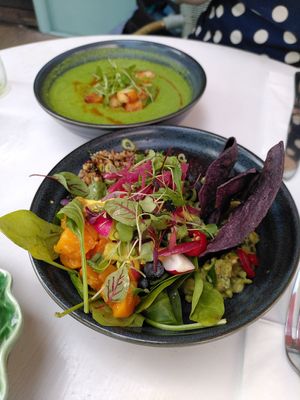 Thw Hippy Bowl and watercress soup in the back at Bill's - Central in Cardiff