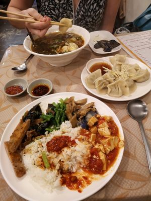 'Healthy rice set meal' and both dumplings options from the menu at Guó Xiāng Yuán SùShí 國香園素食 in Hualien
