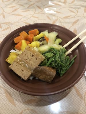 rice with vegan meat at Guó Xiāng Yuán SùShí 國香園素食 in Hualien