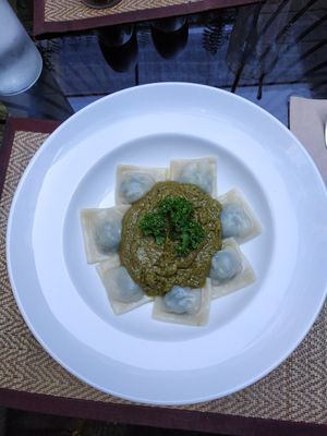 Spinach ravioli with cashew pesto sauce. 😋 at Downtown - Vegan Garden Restaurant in Chiang Mai