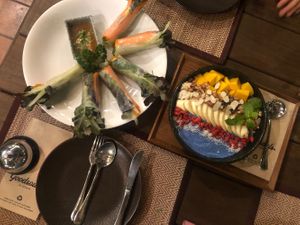 Smoothie bowl and spring rolls at Downtown - Vegan Garden Restaurant in Chiang Mai