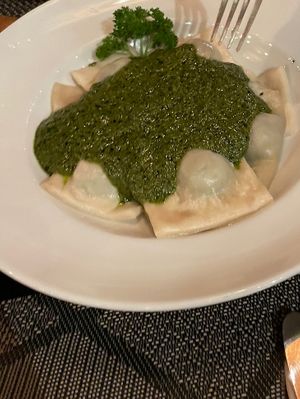 Spinach ravioli and pesto   at Downtown - Vegan Garden Restaurant in Chiang Mai