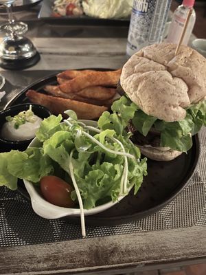 Mushroom burger with fries  at Downtown - Vegan Garden Restaurant in Chiang Mai
