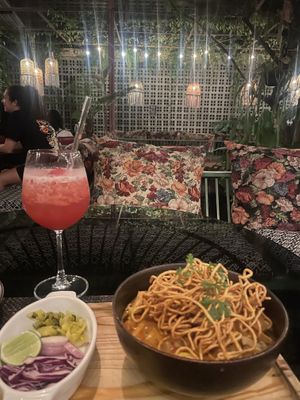 Khao soi and raspberry cocktail   at Downtown - Vegan Garden Restaurant in Chiang Mai