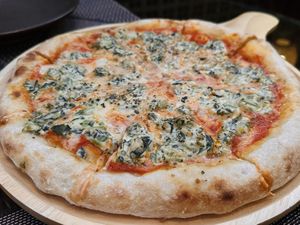 Spinach and cheese pizza, large (250 THB)  at Downtown - Vegan Garden Restaurant in Chiang Mai