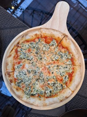 Spinach and cheese pizza, large (250 THB)  at Downtown - Vegan Garden Restaurant in Chiang Mai