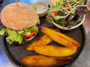 Beet-based vegan burger and fries at Downtown - Vegan Garden Restaurant in Chiang Mai