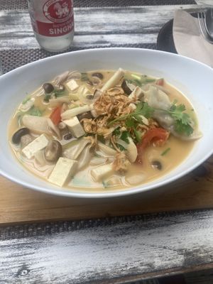 Tom yum dumpling soup  at Downtown - Vegan Garden Restaurant in Chiang Mai