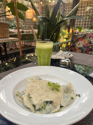 Spinach stuffed ravioli with mushroom sauce. Unreal!!  at Downtown - Vegan Garden Restaurant in Chiang Mai