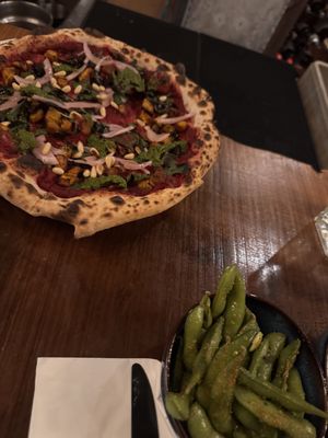 Vegan pizza and edamame   at Gochisou Pizza Bar in Nozawaonsen