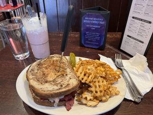 Radical Reuben (vegan cheese) waffle fries, and strawberry shake  at The Chicago Diner - Lakeview in Chicago