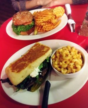 PORTABELLO TRUFFLE MELT with Mac & Teese. (Some of the best mac i've ever eaten.) & THE TITANIC BLT BURGER with waffle fries. at The Chicago Diner - Lakeview in Chicago