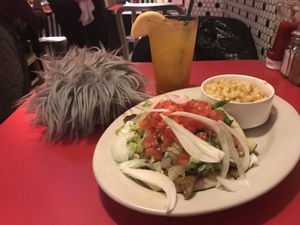 The gyro, Mac and cheeze, delicious ginger soda drink. Don’t mind my Star Trek tribble, he’s my travel buddy! Faux of course! Lol at The Chicago Diner - Lakeview in Chicago