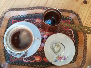 Greek coffee and a sweet delight - vegan at Bizou Cafe in Corfu