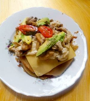 Vegan pancake with avocado mushrooms and tomato at Bizou Cafe in Corfu