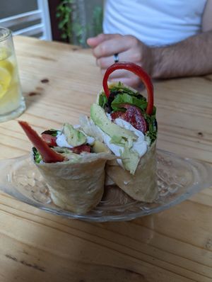 Avocado wrap with salad, vegan cheese and vegan mayonnaise at Bizou Cafe in Corfu