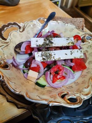 Greek salad with vegan feta at Bizou Cafe in Corfu