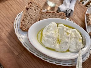 Spicy cheese spread 👍 bread 👎  at Bizou Cafe in Corfu