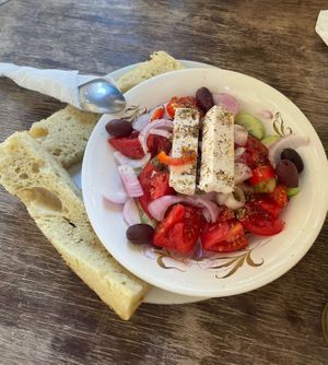 Greek salad - best vegan feta ever! at Bizou Cafe in Corfu