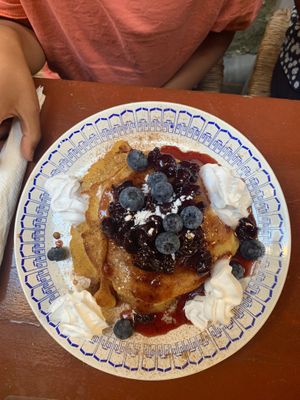 Wild berry pancakes (requested without the usual accompanying ice cream) at Bizou Cafe in Corfu