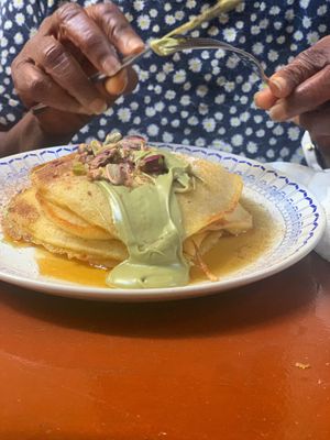 Pistachio pancakes at Bizou Cafe in Corfu