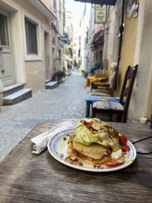 Savory zucchini pancakes 15€. (Expensive)  at Bizou Cafe in Corfu
