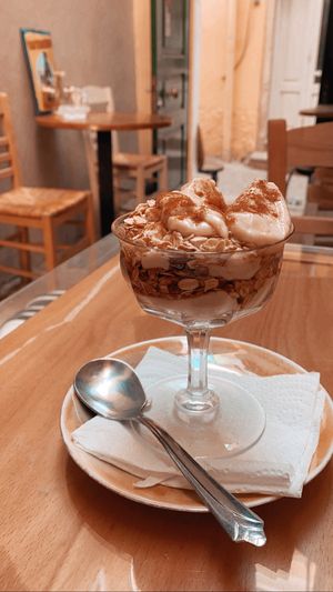 Almond Yoghurt Muesli with Maple Syrup 😋😋😋   at Bizou Cafe in Corfu