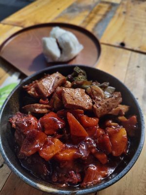 BBQ and black bean tofu, BBQ bun (in the back) at Root Vegetarian in Cairns