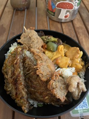 3 bowl with chicken skewer   at Root Vegetarian in Cairns