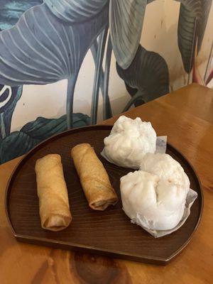 Spring rolls and bbq buns   at Root Vegetarian in Cairns