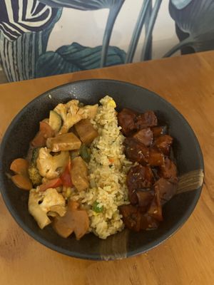Satay tofu, curry rice and bbq pork   at Root Vegetarian in Cairns