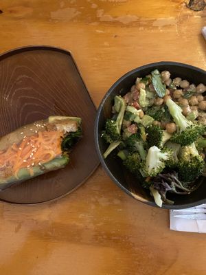 Tofu rice paper rolls and salad mix (broccoli salad, chickpea pesto salad)  at Root Vegetarian in Cairns